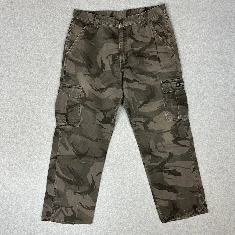 Wrangler Mens Camo Cargo Pants Straight Leg Distressed Camouflage Workwear Brown